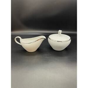 Fukagawa China Arita #900P Sugar with Lid & Creamer White with Silver Rim Japan